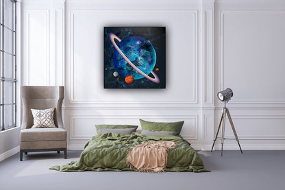 Tablou original pe pânză reprezentând o planetă albastră cu inele și planete înconjurătoare, într-un decor cosmic