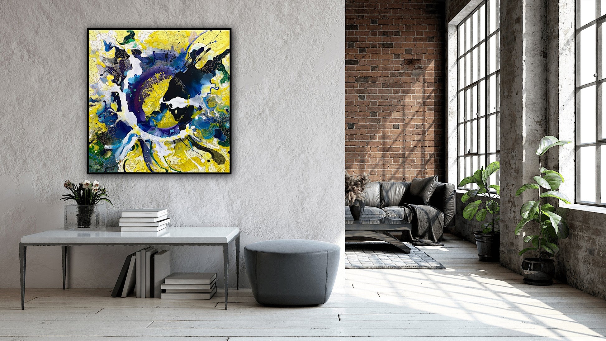 Arta abstracta Vibratie galbena – pictura moderna pe panza in tonuri intense de galben si albastru.