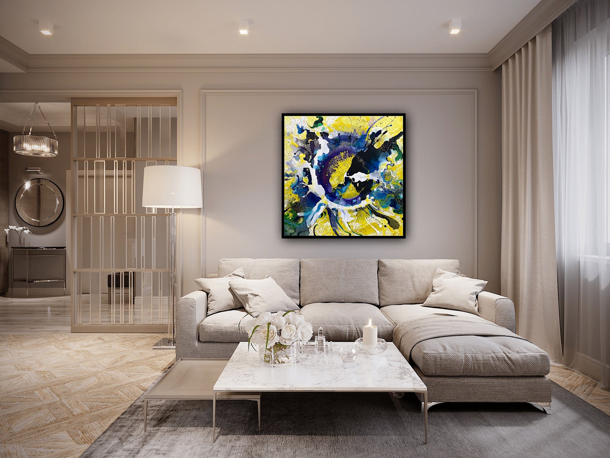 Vibratie galbena – pictura abstracta pe panza, lucrare moderna ideala pentru decoruri elegante.