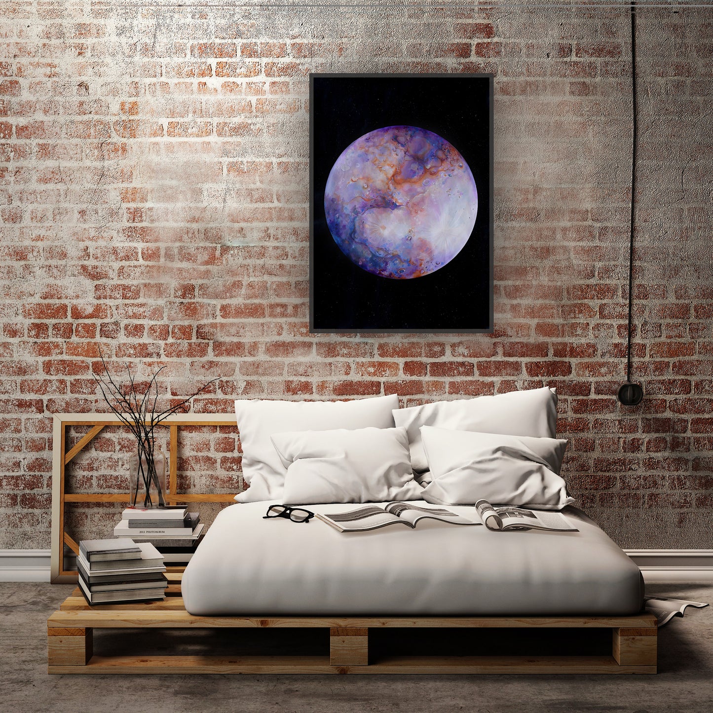 Tablou imprimat de lux pe hârtie, cu detalii planetare și reflexe galactice.