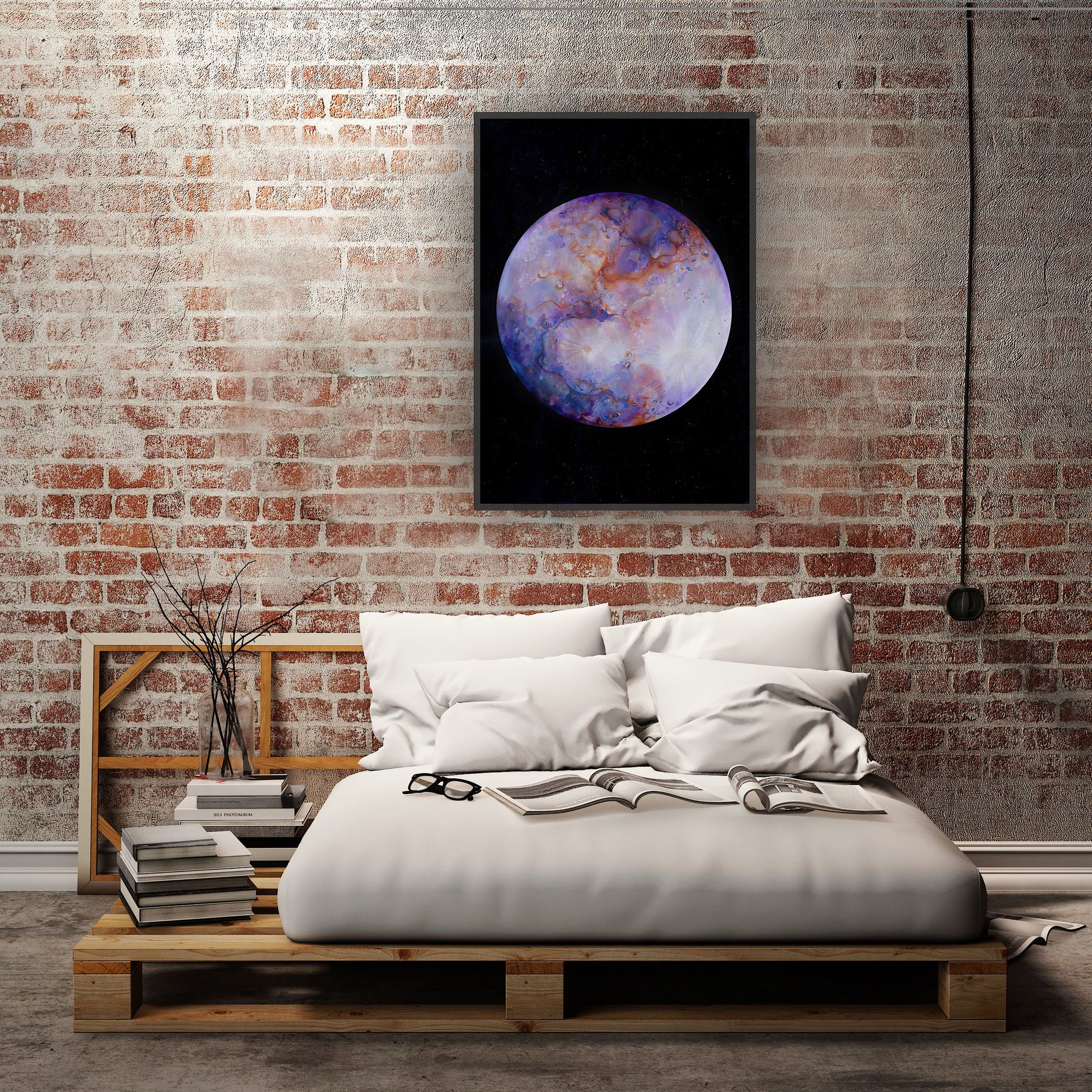 Tablou imprimat de lux pe hârtie, cu detalii planetare și reflexe galactice.